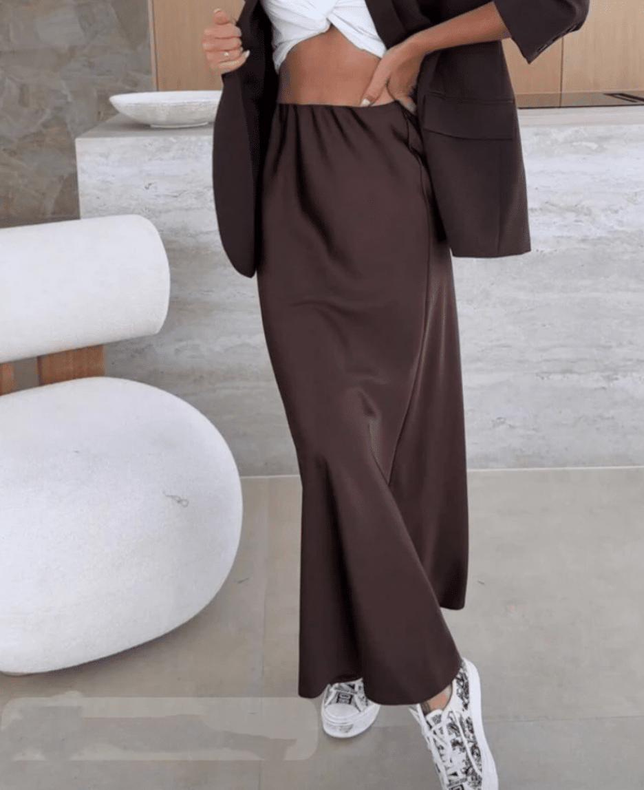 Jupe satin fluide marron EMMA