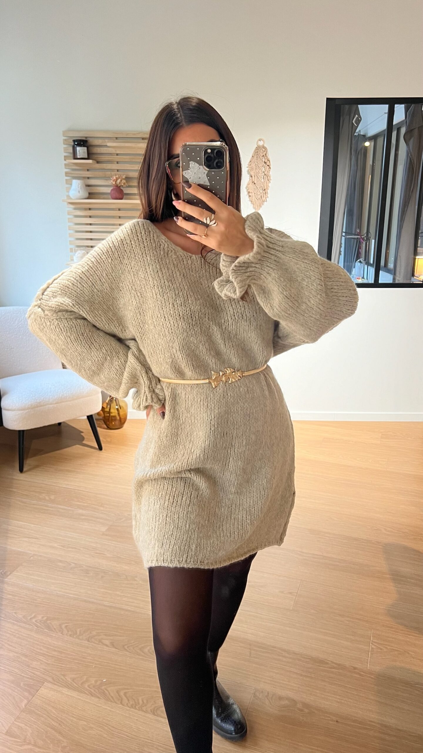 Robe pull col V BELLA beige